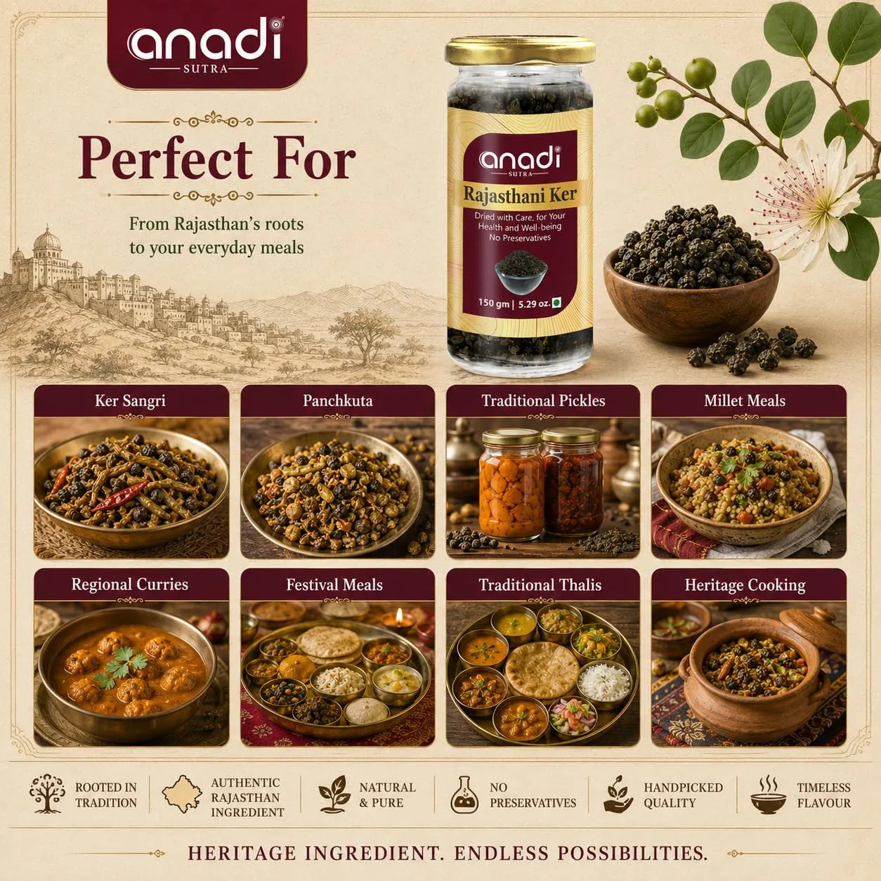 anadi SUTRA dried wild desert berry jar with bowl of berries and meal serving images