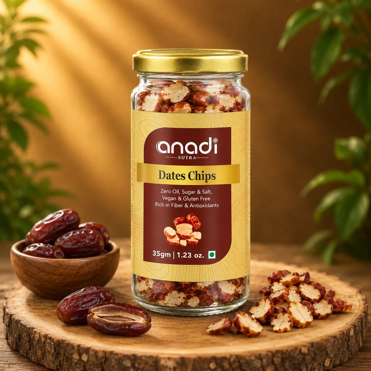 anadi Dates Chips glass jar with gold lid on wooden stand with date pieces