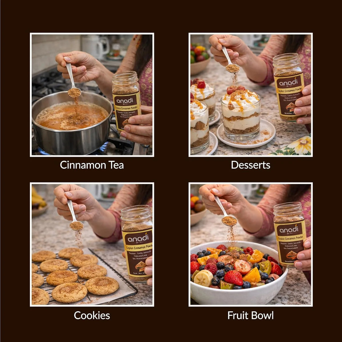 Ceylon cinnamon powder jar with spoon sprinkling over dessert and cookies