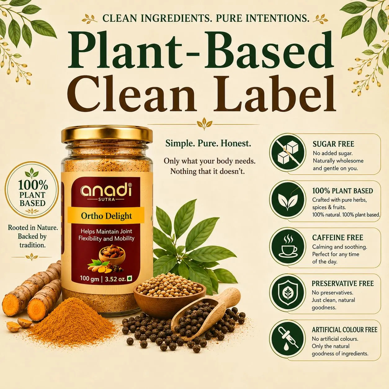 Ortho Delight plant-based supplement jar with gold lid and herbs around it.