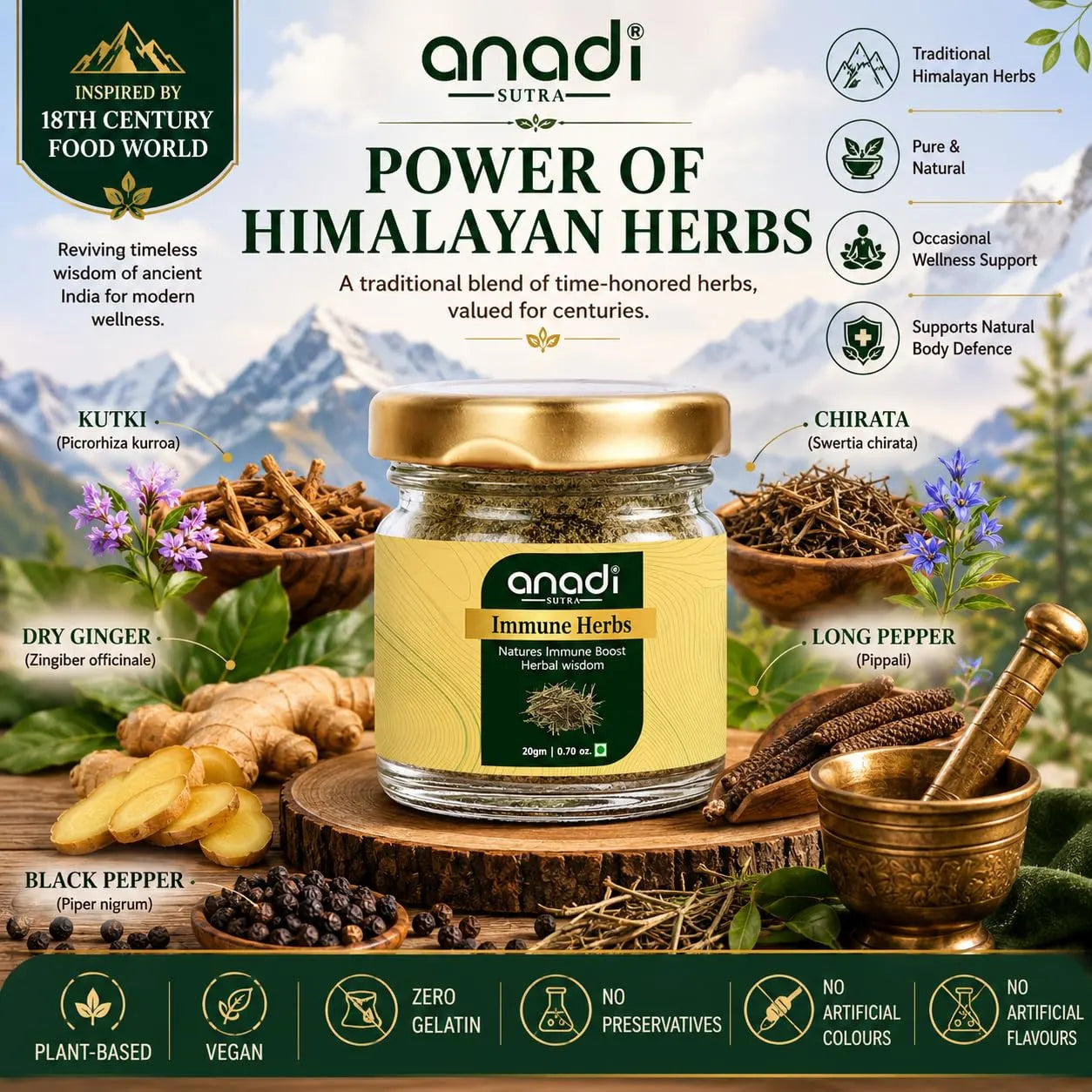 Immune herb jar by anadi with gold lid on wooden tray with dried herbs