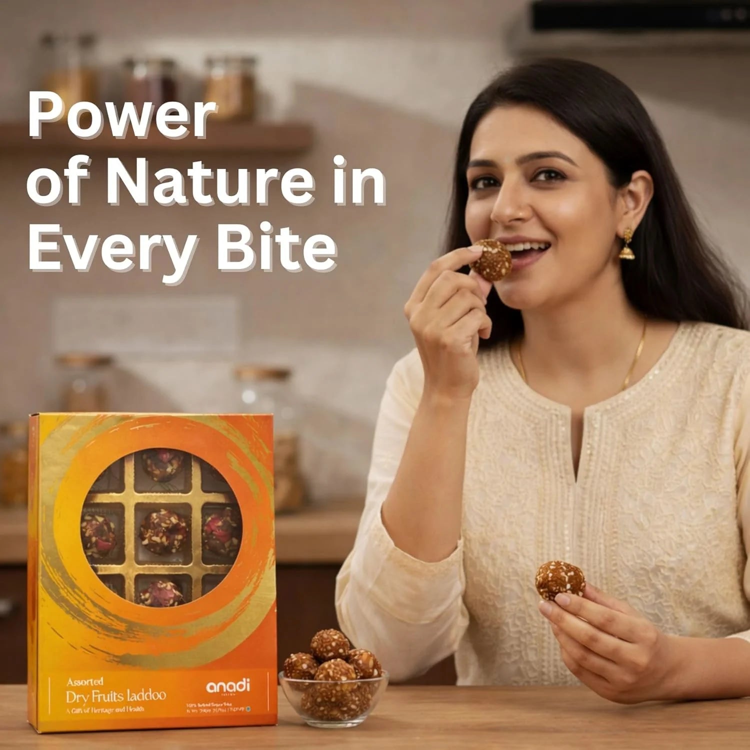 Woman holding a dry fruits ladoo with the ladoo gift box on a table