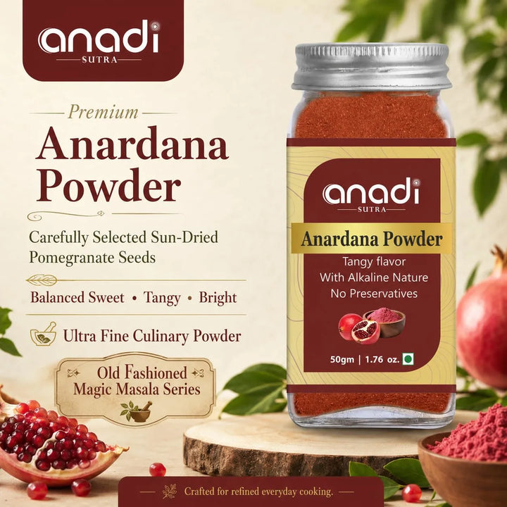 Pomegranate seed powder jar, upright glass container with maroon label and red spice powder