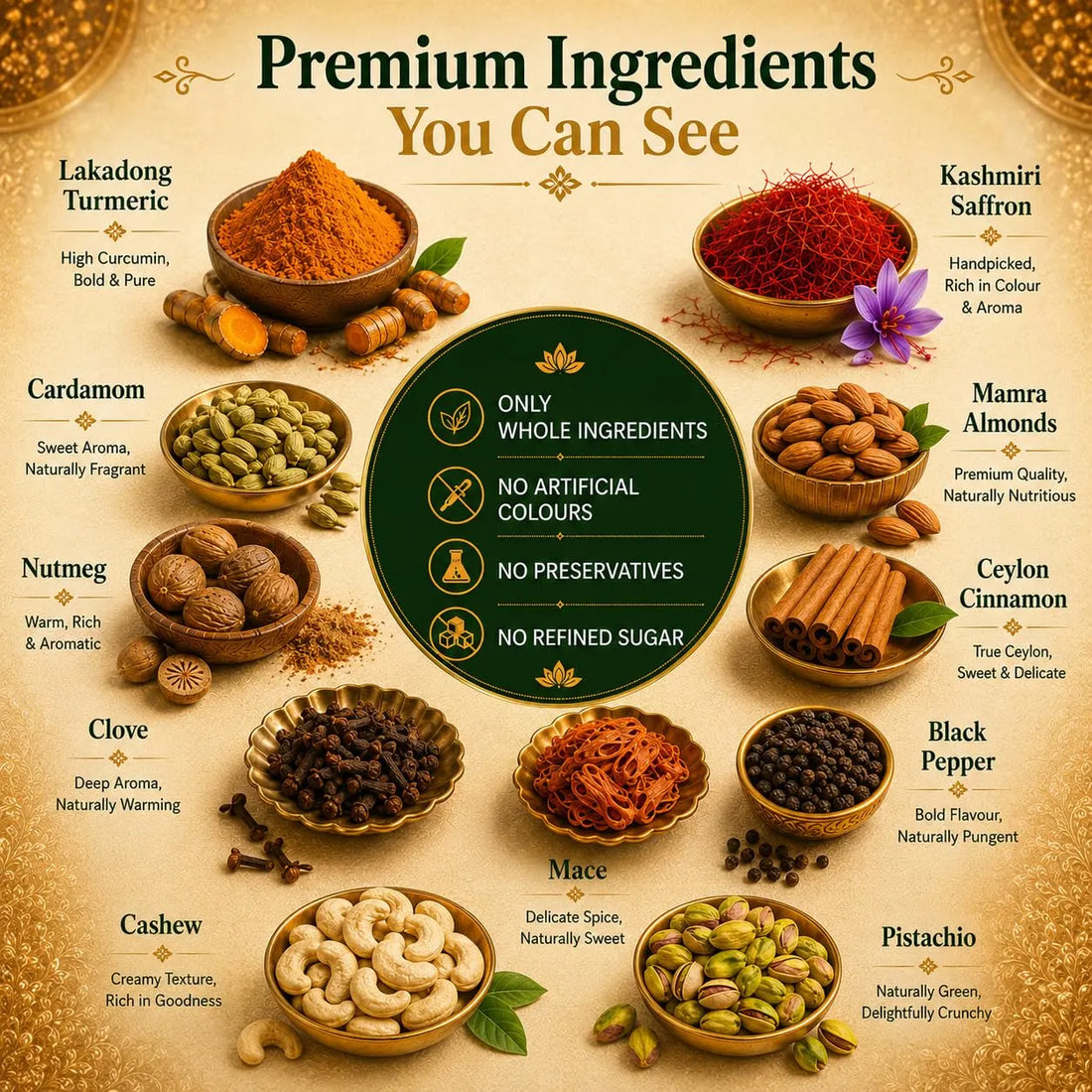 Turmeric latte ingredients in bowls and spices, premium whole-ingredient poster