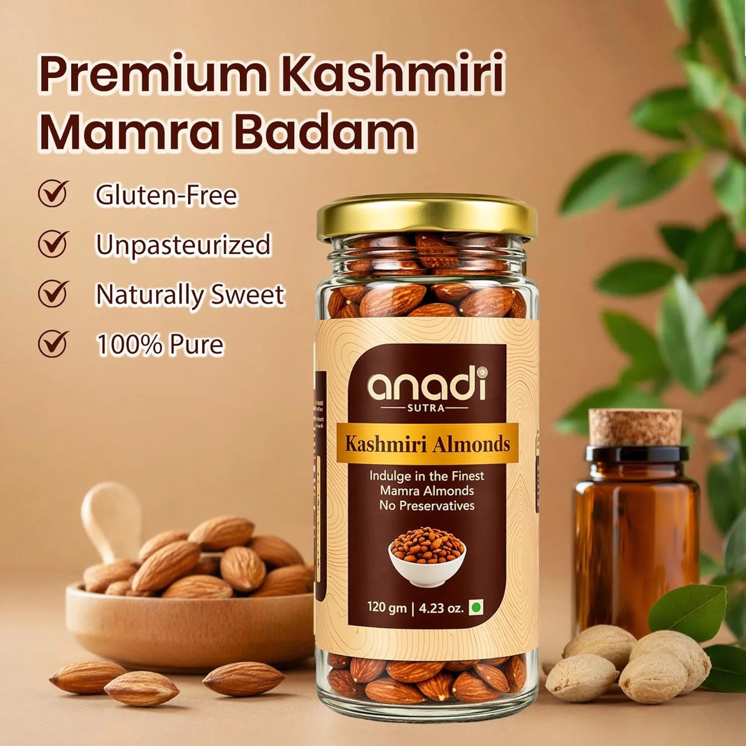 Jar of Kashmiri almonds with gold lid and scattered almonds on table