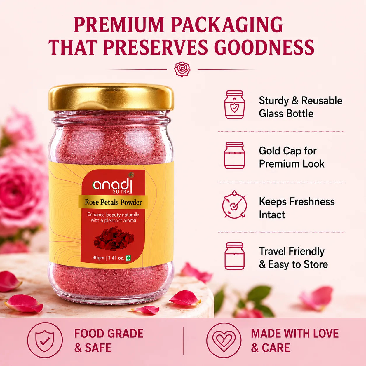 Rose petal powder jar with gold cap in clear glass bottle, pink granules