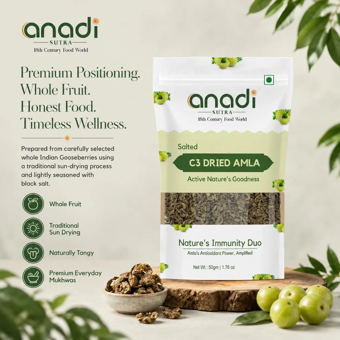 Salted C3 dried amla pouch with whole fruit amla and bowl of dried pieces