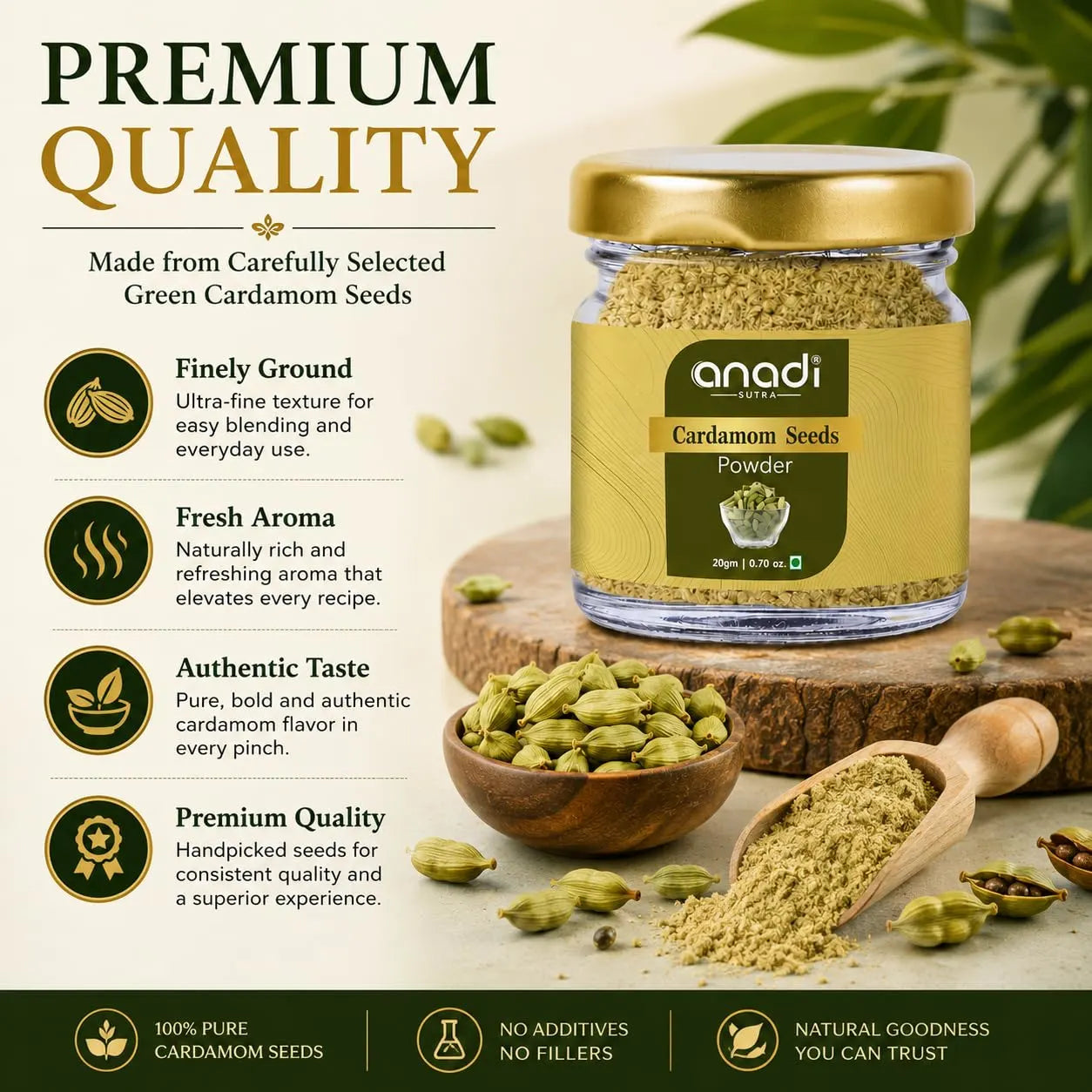 Cardamom seeds powder jar with gold lid, green pods and fine ground powder in bowls