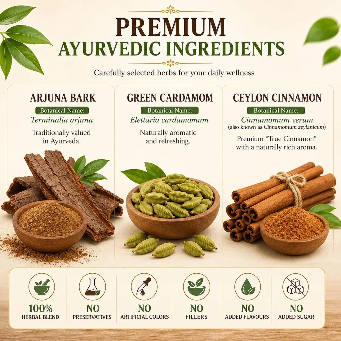 Arjun Card premium herbal ingredients display with arjuna bark, green cardamom, and cinnamon