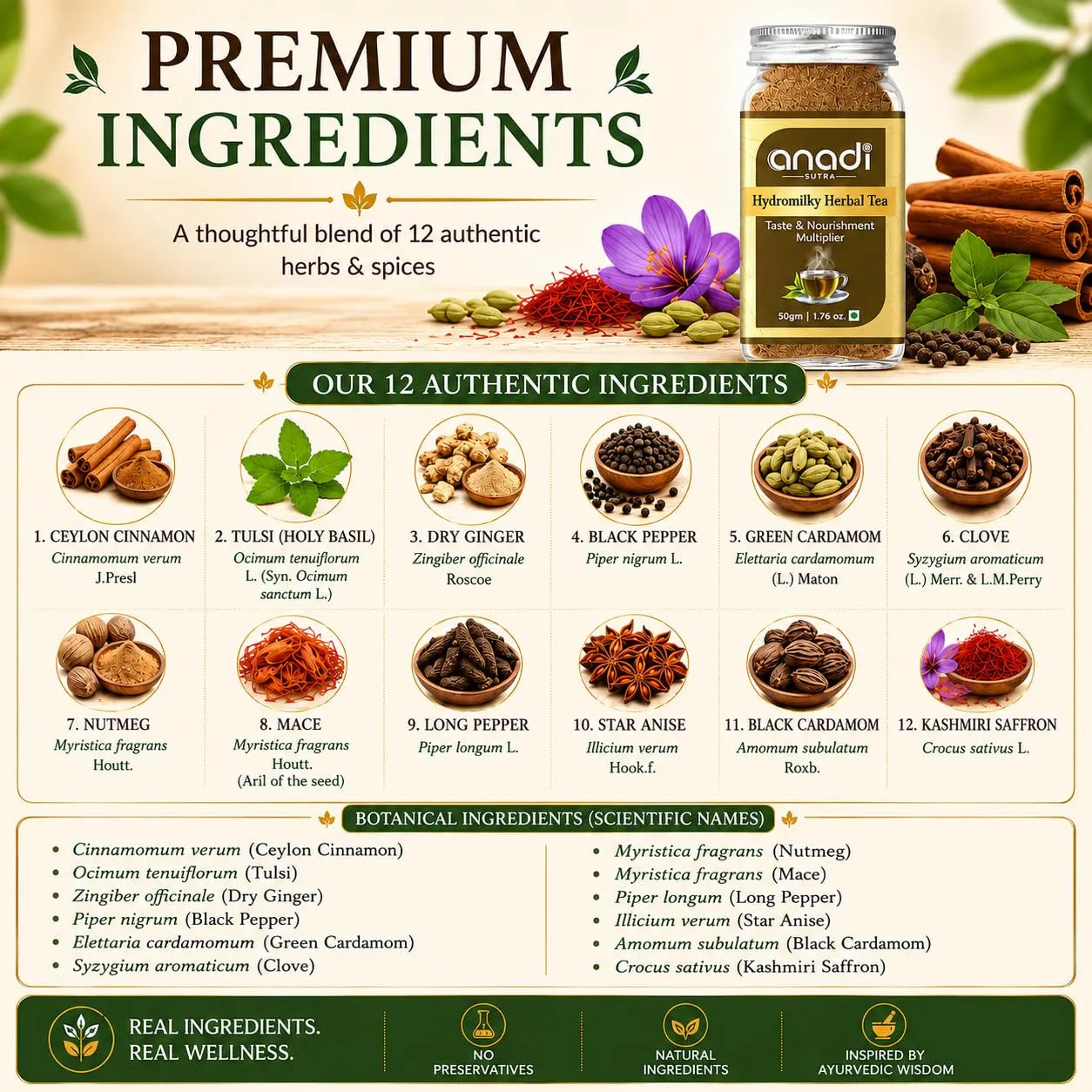 Herbal tea jar shown on “Premium ingredients” packaging with spices and herbs