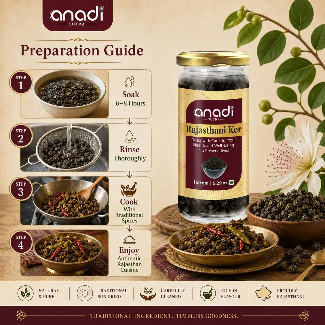 anadi SUTRA dried wild desert berry jar with bowls showing soak, rinse, cook steps