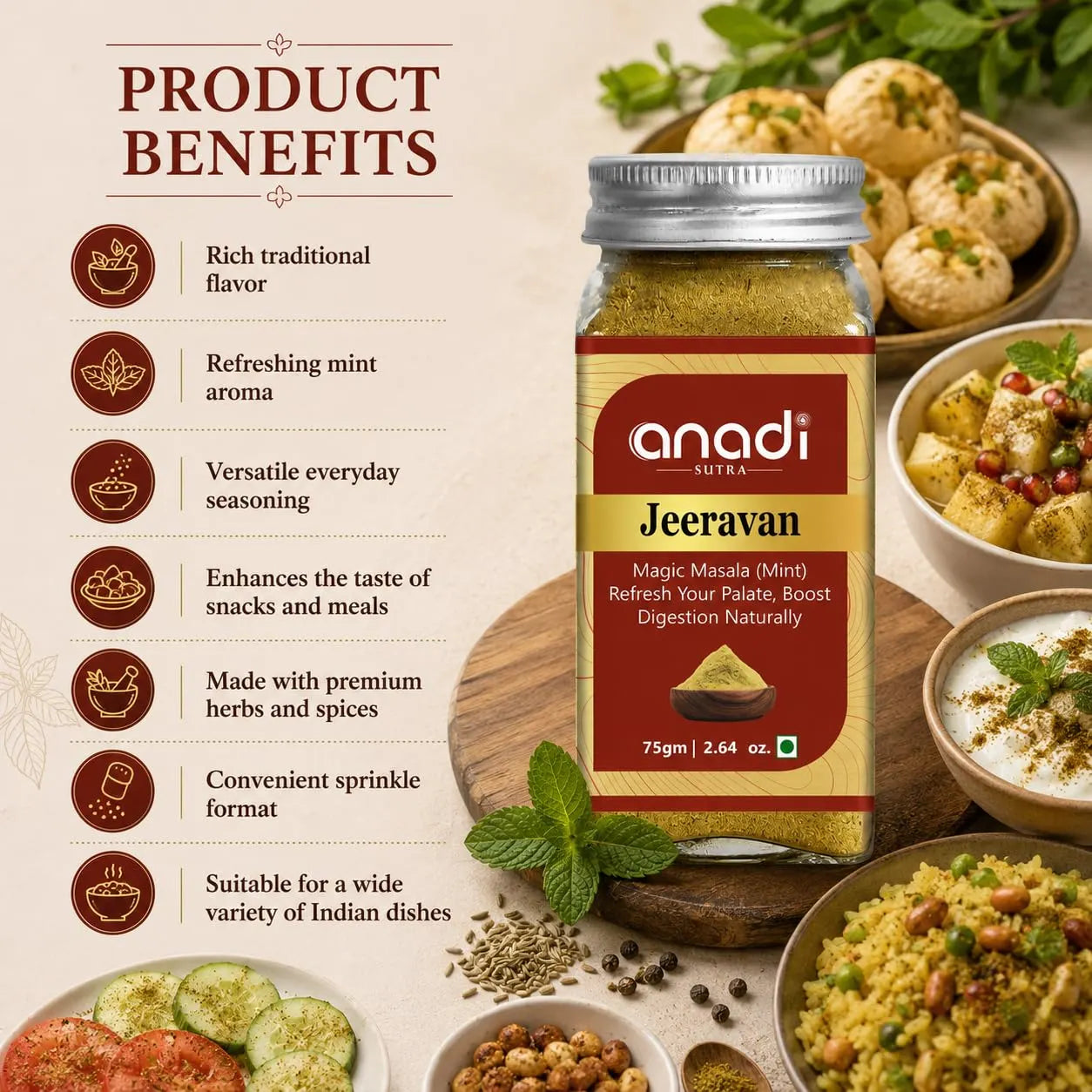 Jeeravan mint spice jar with red label and silver lid, 75 g, on product benefits card.