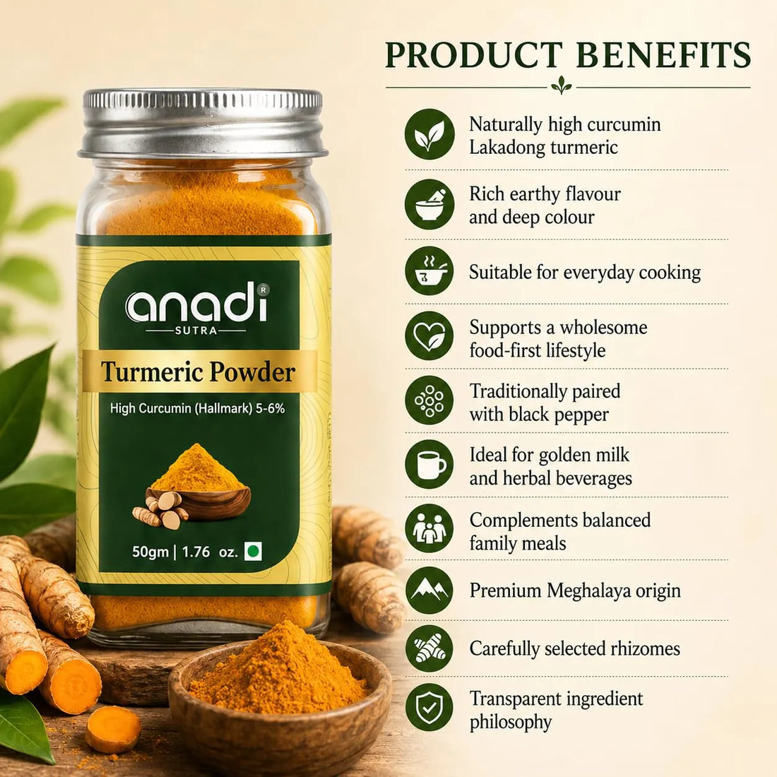 Turmeric powder jar (50g) with spoonful pile of golden turmeric powder
