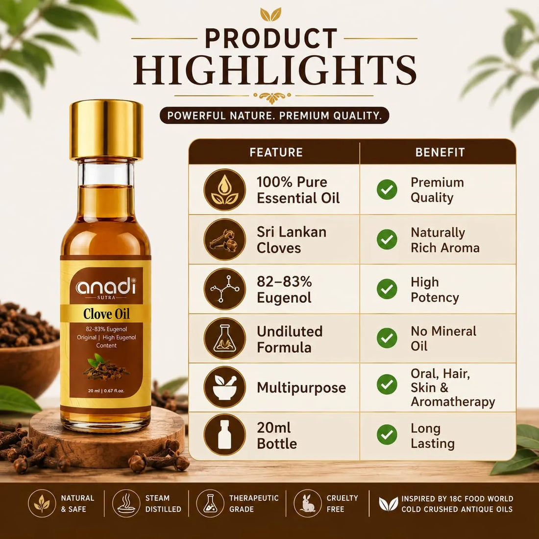Clove oil product bottle with gold cap and amber glass, anadi sutra branding