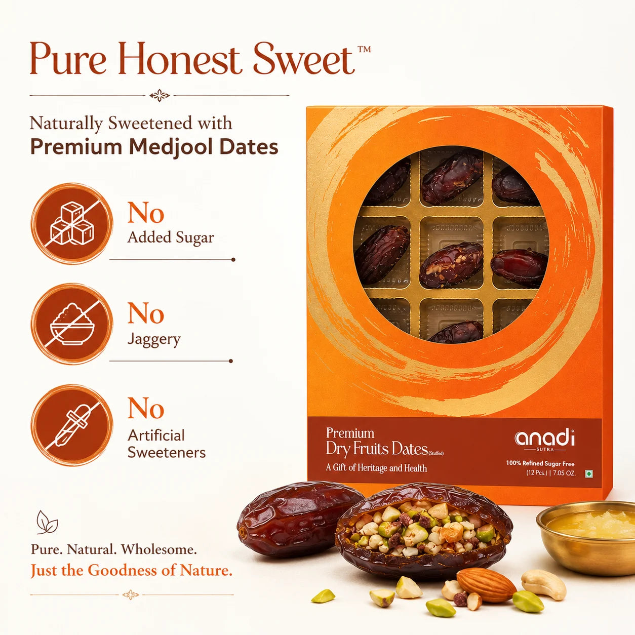 Premium medjool dates box with no added sugar and no jaggery icons and dates pictured