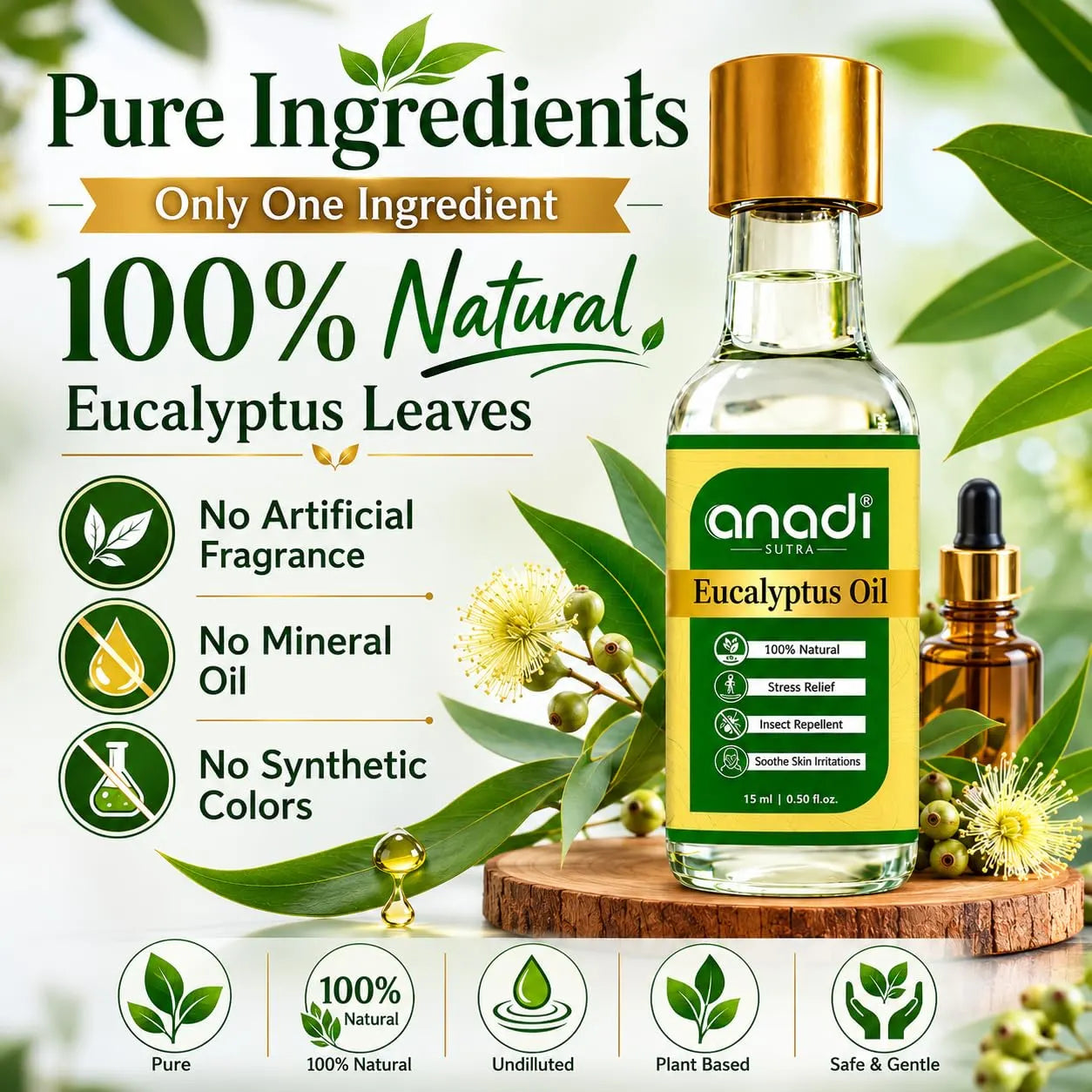 Eucalyptus oil bottle with anadi sutra label and 100% natural eucalyptus leaves