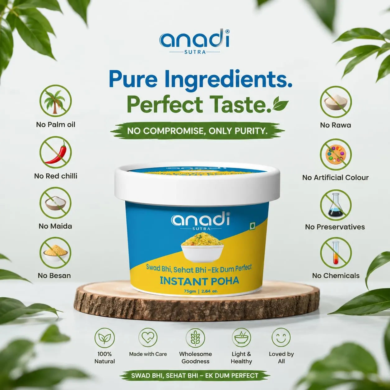 Instant Poha mix tub on wood with green leaf frame and purity icons