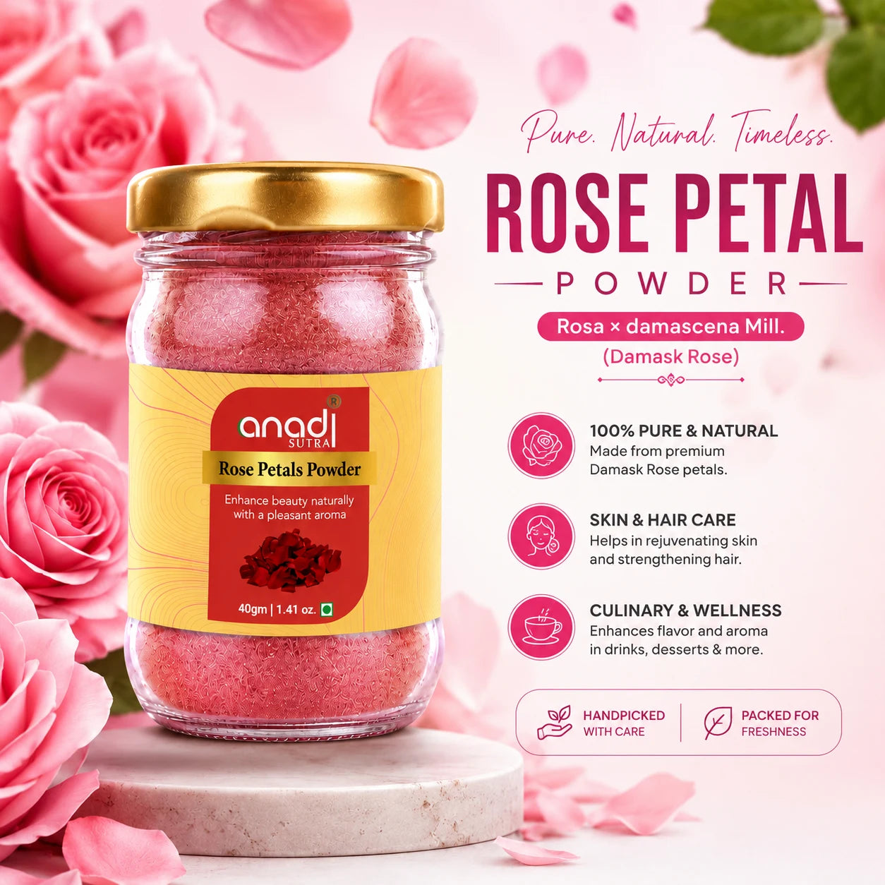 Pink rose petal powder jar with gold lid on round base