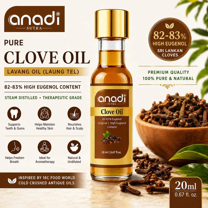 Anadi Sutra pure clove oil bottle, gold cap, amber glass beside clove bowl