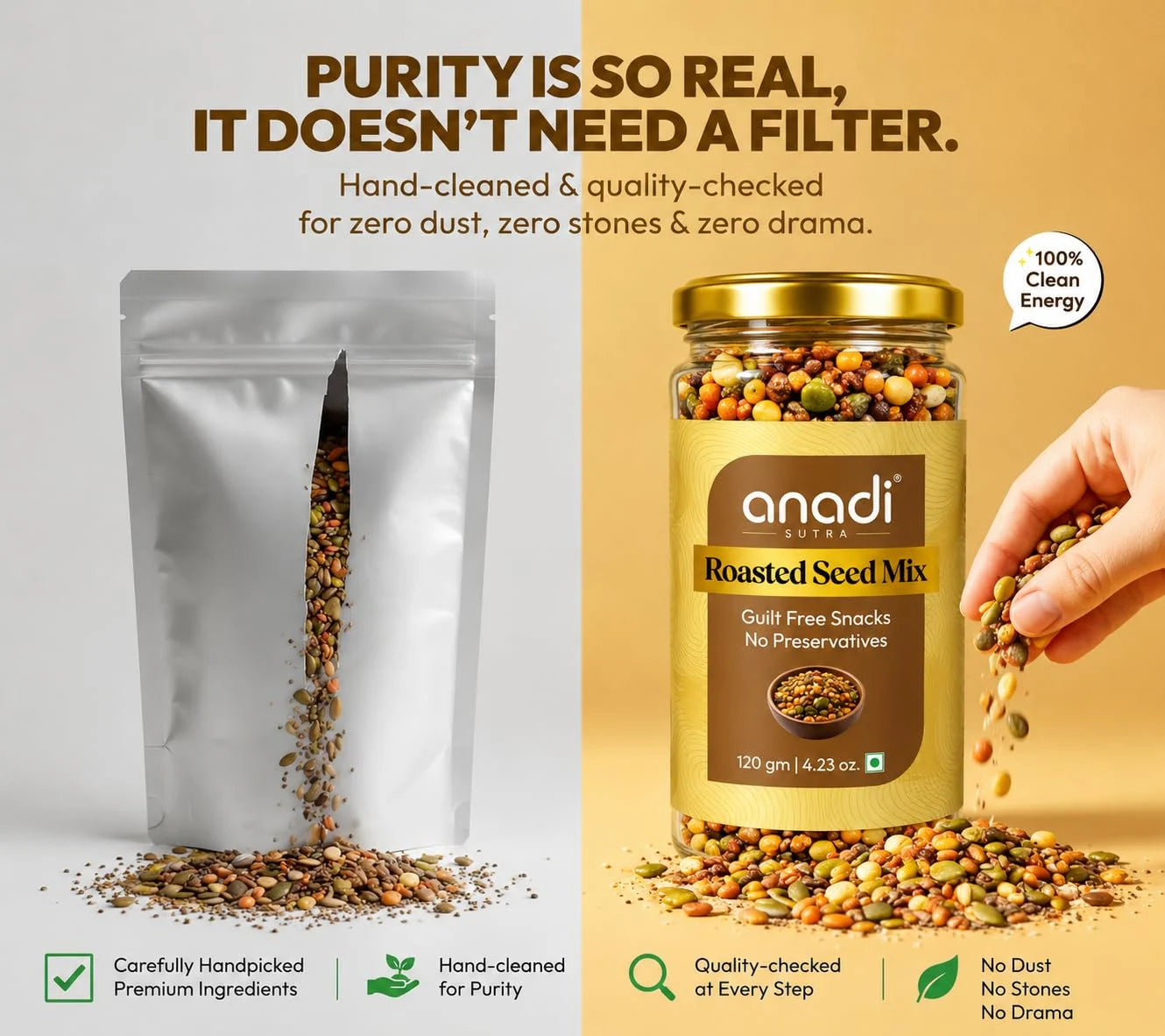Seed mix jar with gold lid and a standing pouch of roasted seeds