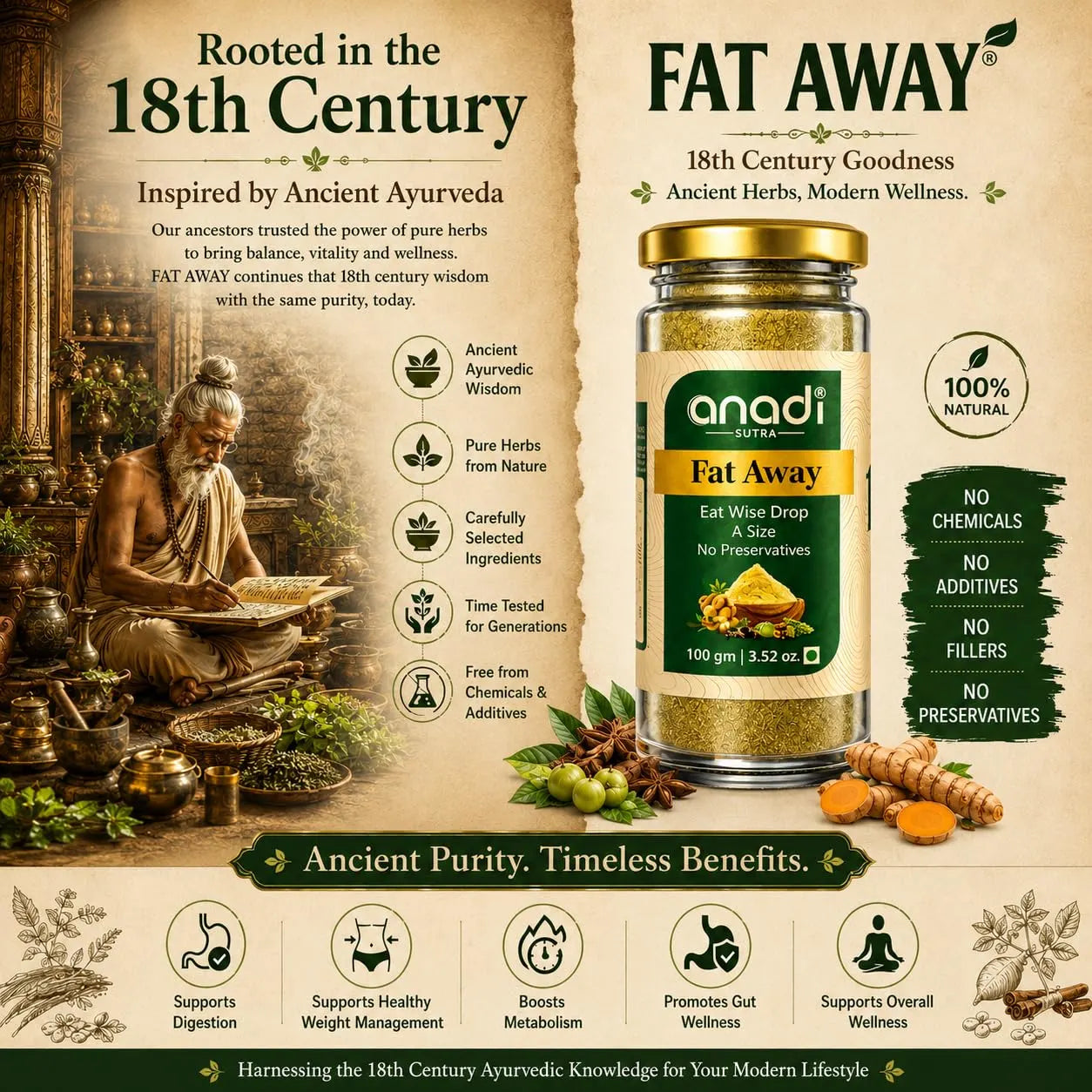 Fat Away herb jar with gold cap on a beige label, with 100% natural badge.