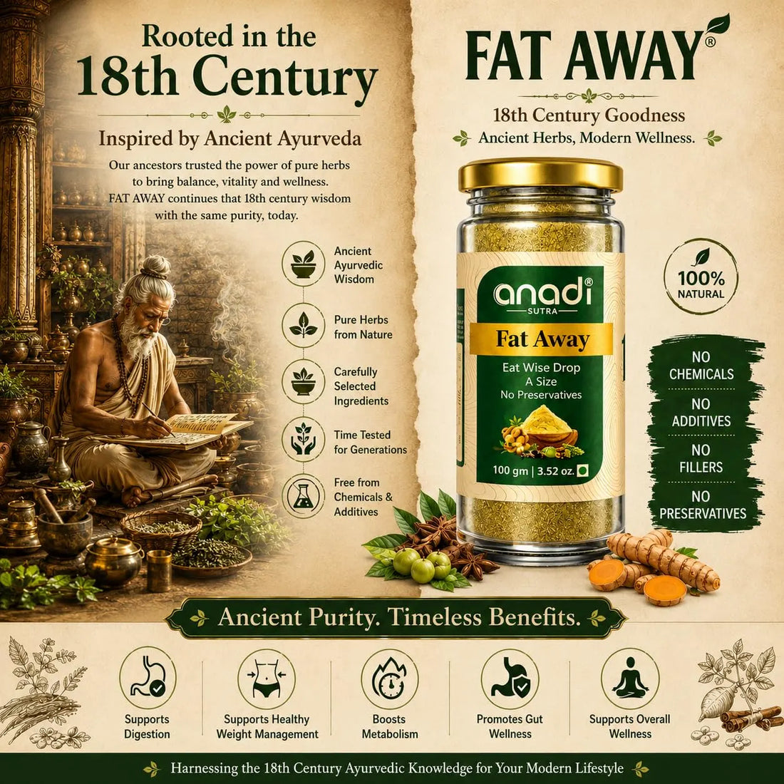 Fat Away herb jar with gold cap on a beige label, with 100% natural badge.