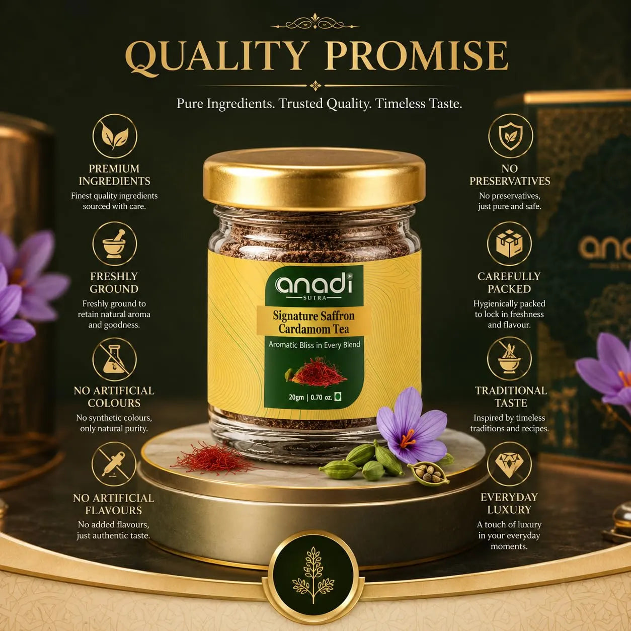 Signature saffron cardamom tea jar with gold lid, 20 g glass container