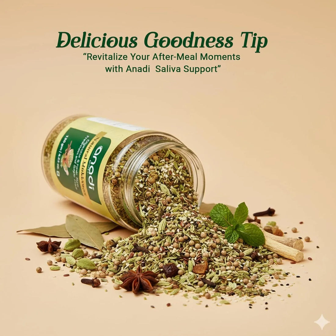 Natural mukhwas spice jar with gold lid, spilled mix and herbs on display