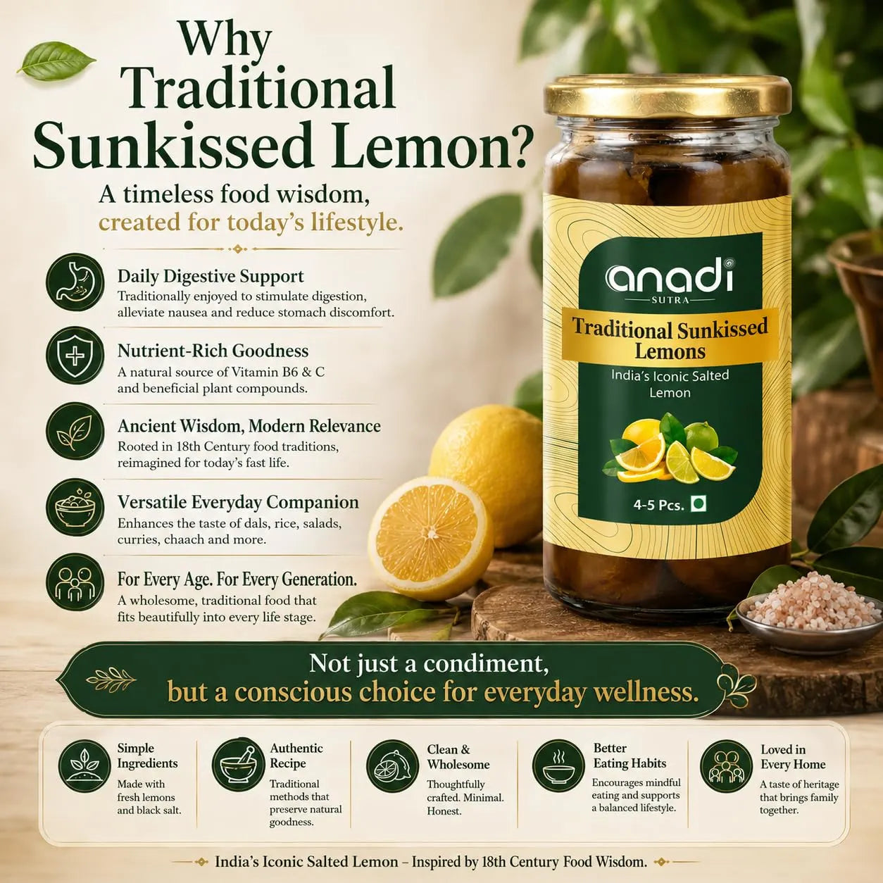 Traditional Sunkissed Lemons jar beside lemon and illustrated benefits text