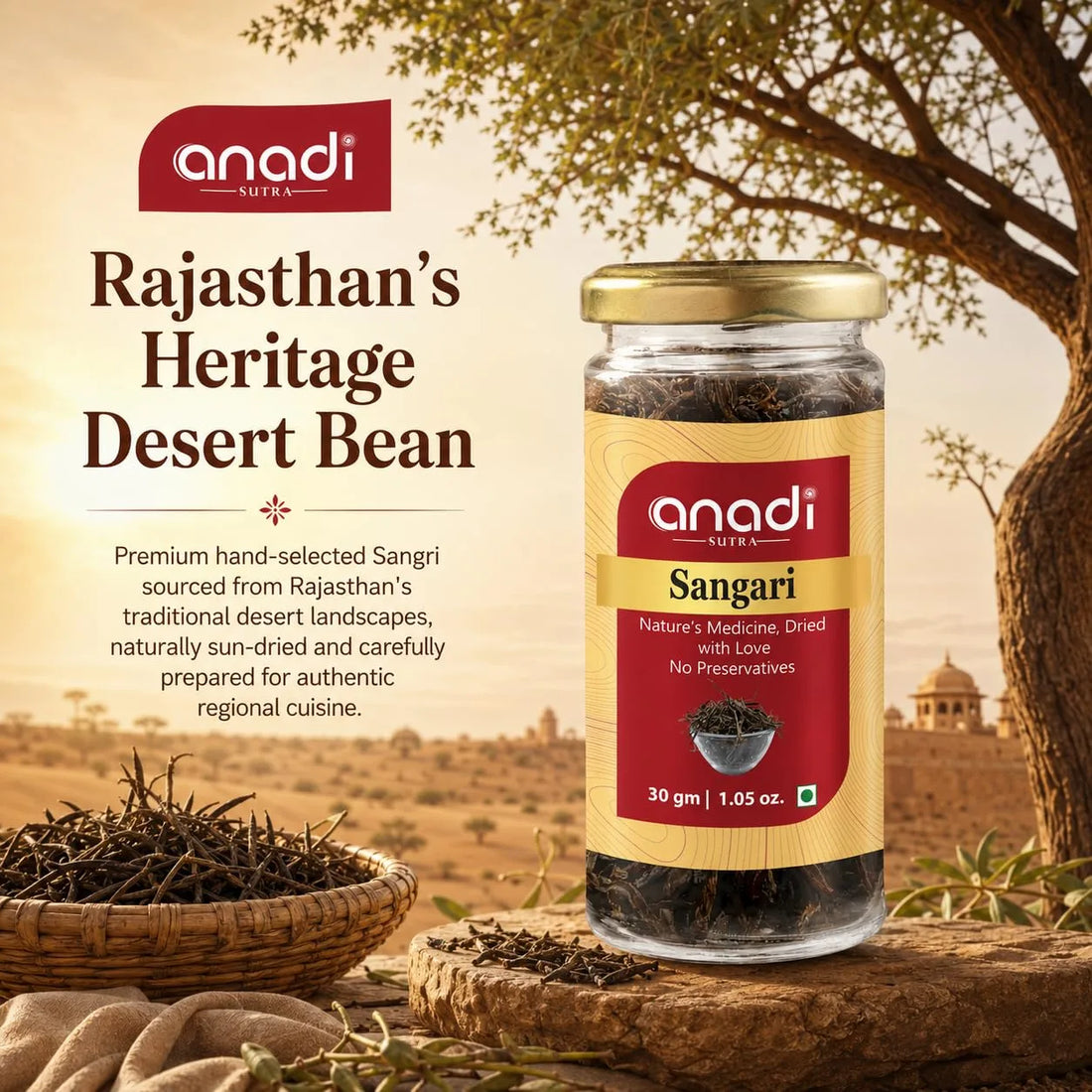 Glass jar of dried sangri with gold lid and red Anadi label, 30 g shown