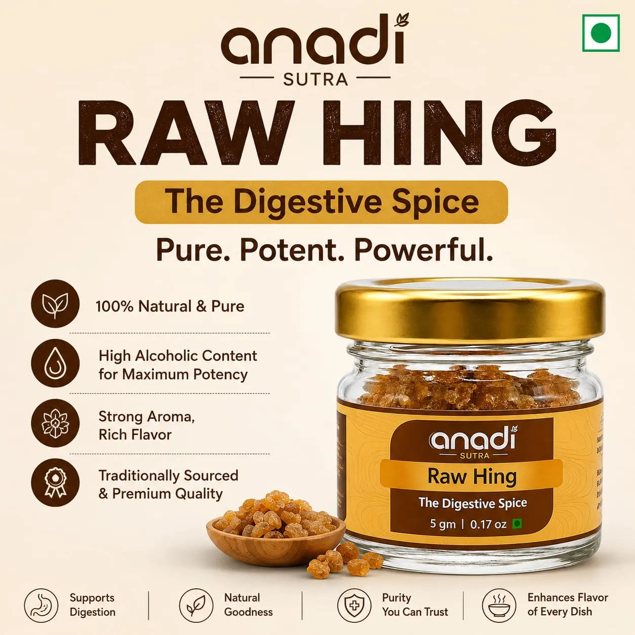 Anandi Sutra Raw Hing spice jar with gold lid and brown hing granules