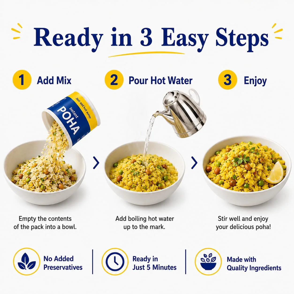 Instant poha mix packet and three bowls showing add water, stir, and serve