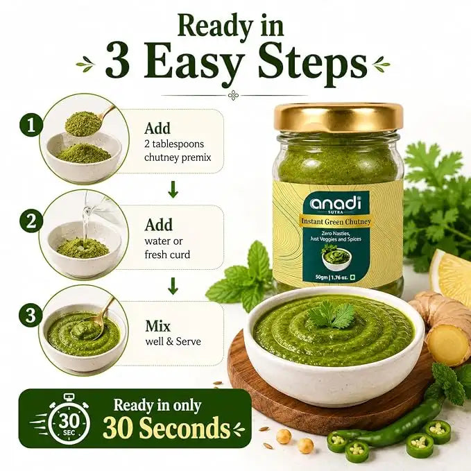 Jar of instant green chutney with a small bowl of green chutney beside it