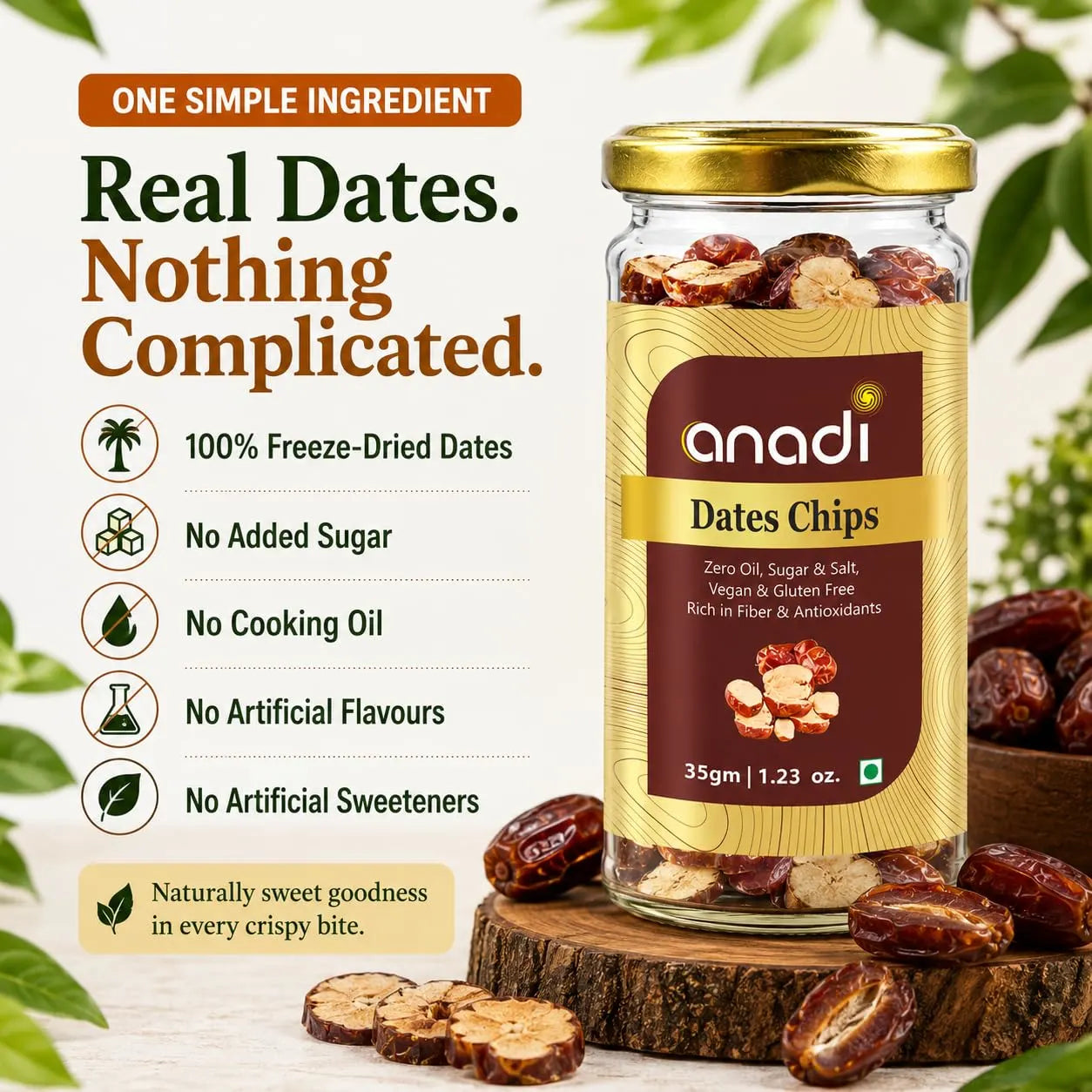 anadi Dates Chips jar with gold lid and freeze-dried dates scattered around
