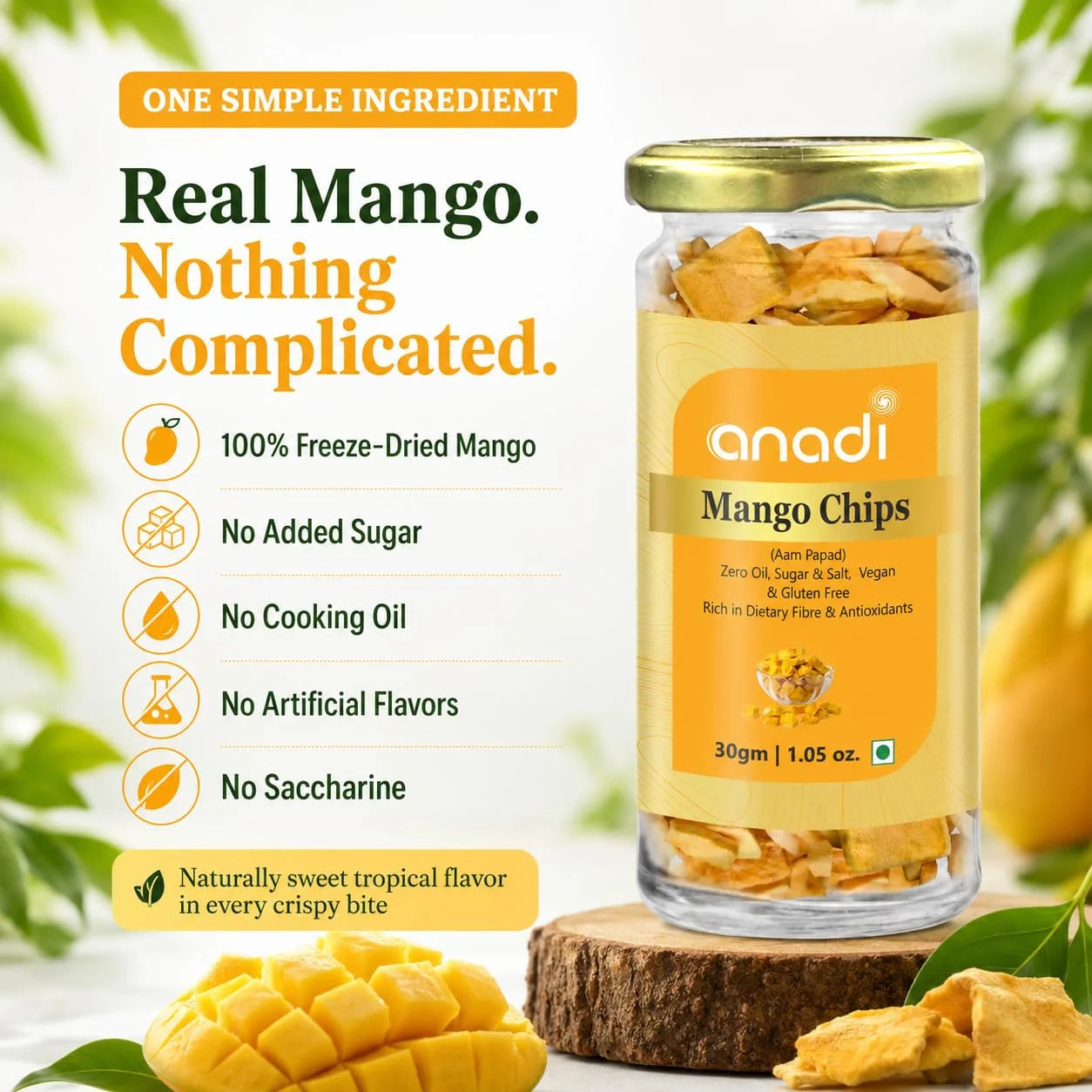 anadi mango chips jar with freeze-dried mango pieces, 30 g