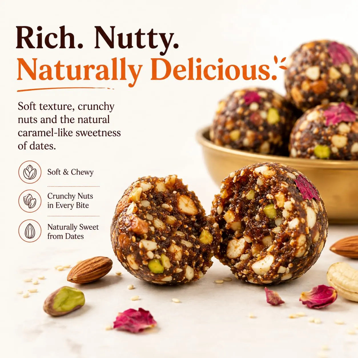 Close-up of assorted dry fruits ladoo balls with chopped nuts and petals on table