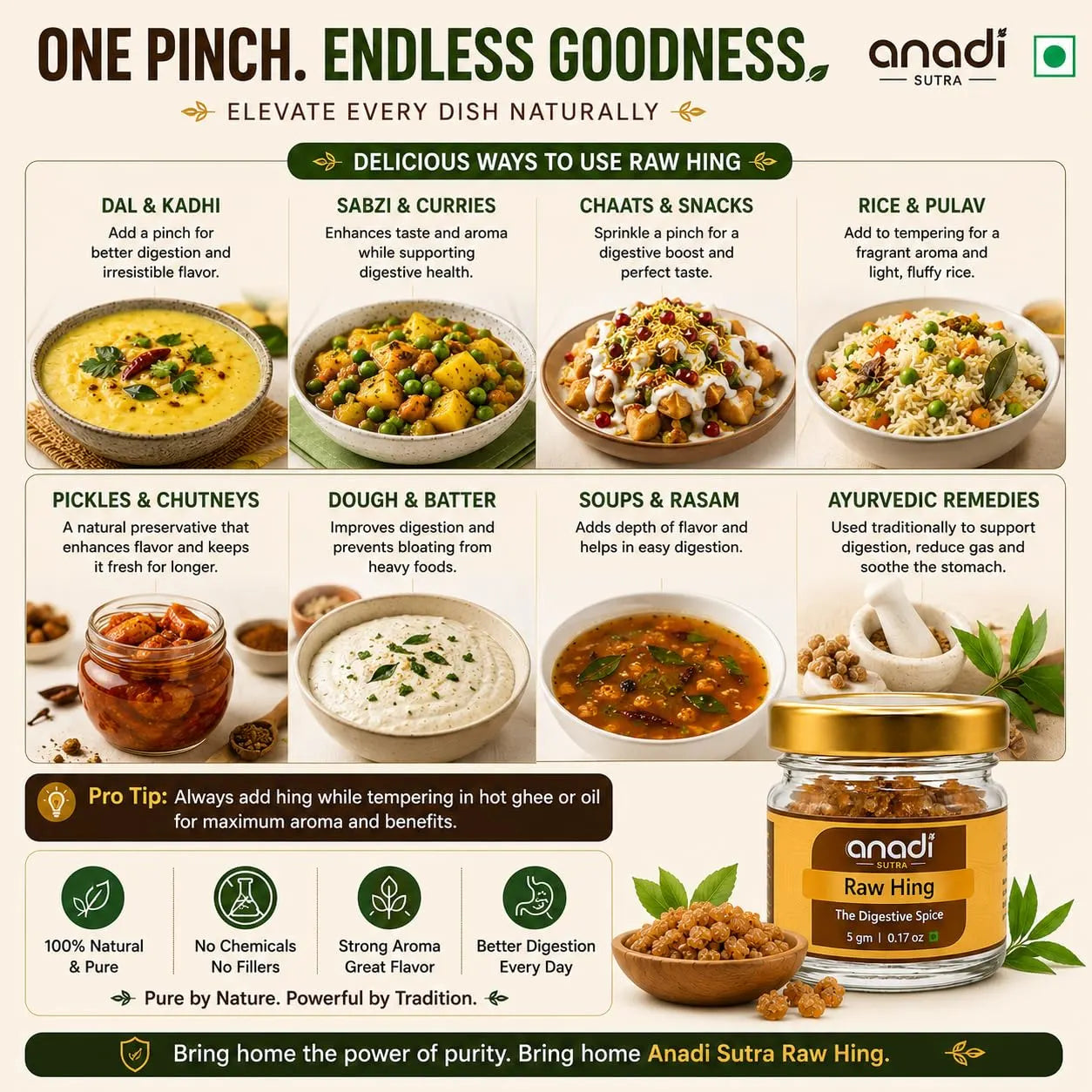 Anandi Sutra Raw Hing usage infographic with jar and bowls of prepared dishes