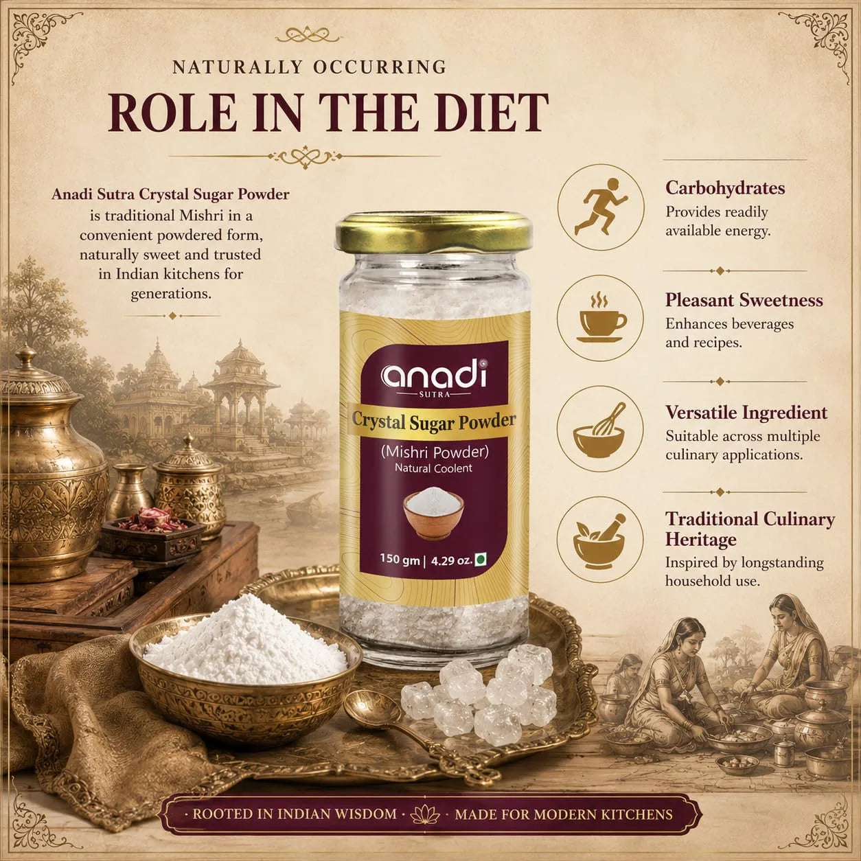 Clear glass jar of crystal sugar powder with gold lid and white sugar crystals