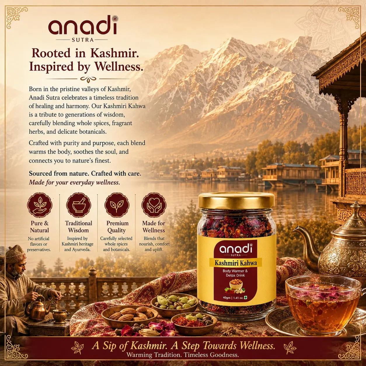 Kashmiri Kahwa jar on a warm wellness backdrop with teapot and spiced drink glass