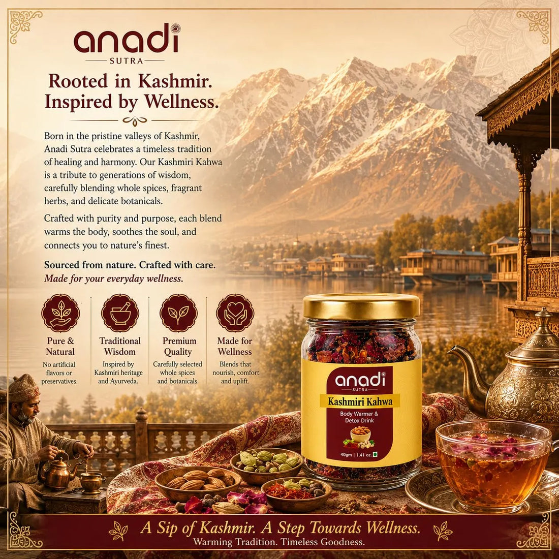 Kashmiri Kahwa jar on a warm wellness backdrop with teapot and spiced drink glass