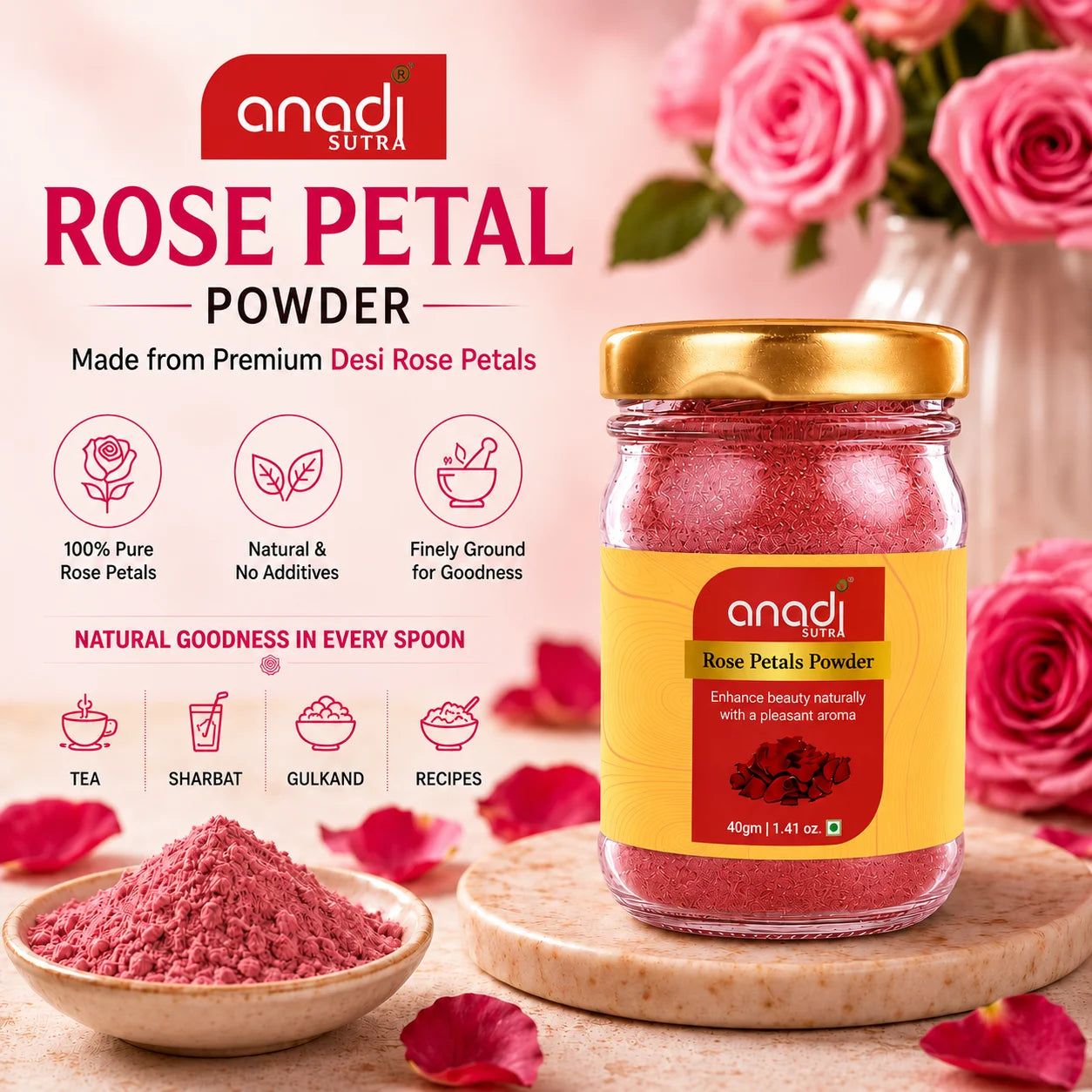 Rose petal powder jar with gold cap, pink powder with small bowl of powder