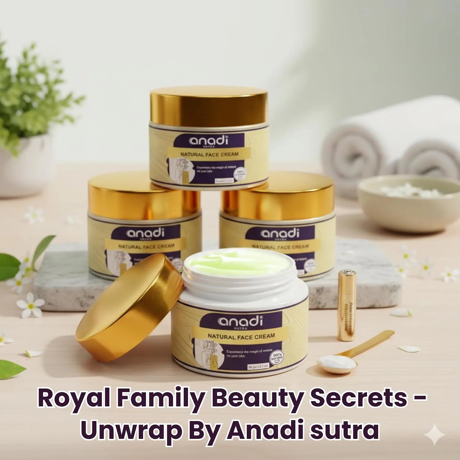 Natural face cream jars with gold lids; one jar opened with cream.