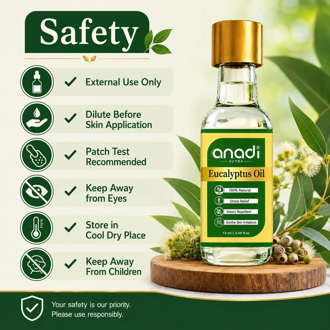 Eucalyptus oil bottle with anadi sutra label and safety instructions panel