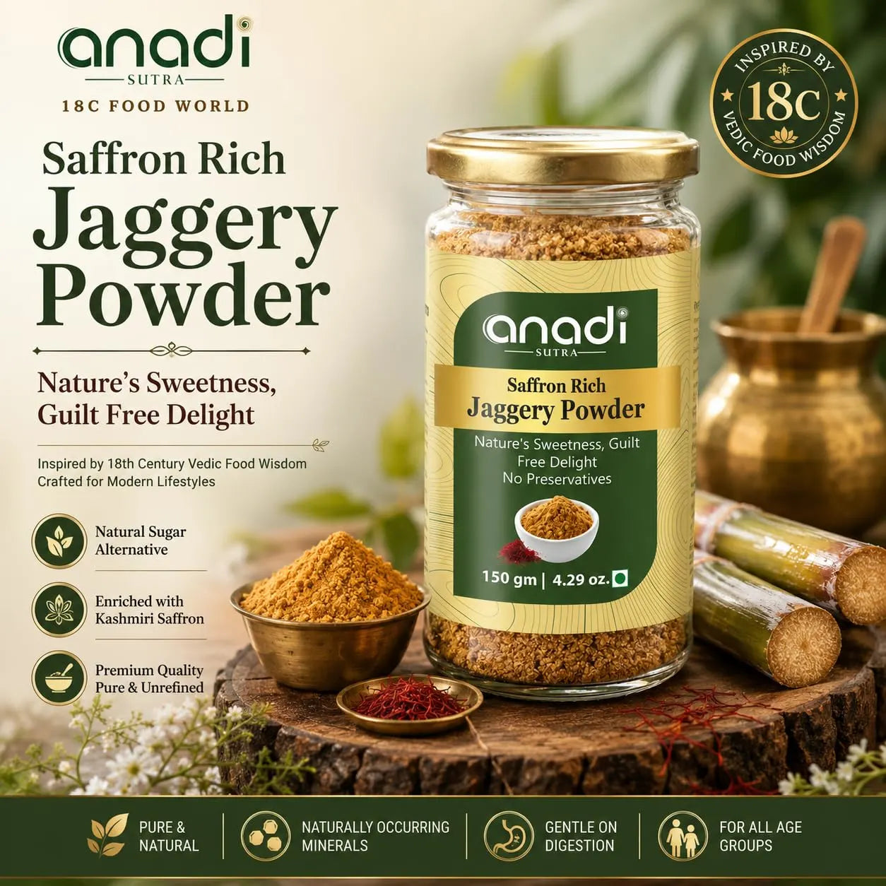 Saffron rich jaggery powder jar with golden spice powder and sugarcane pieces