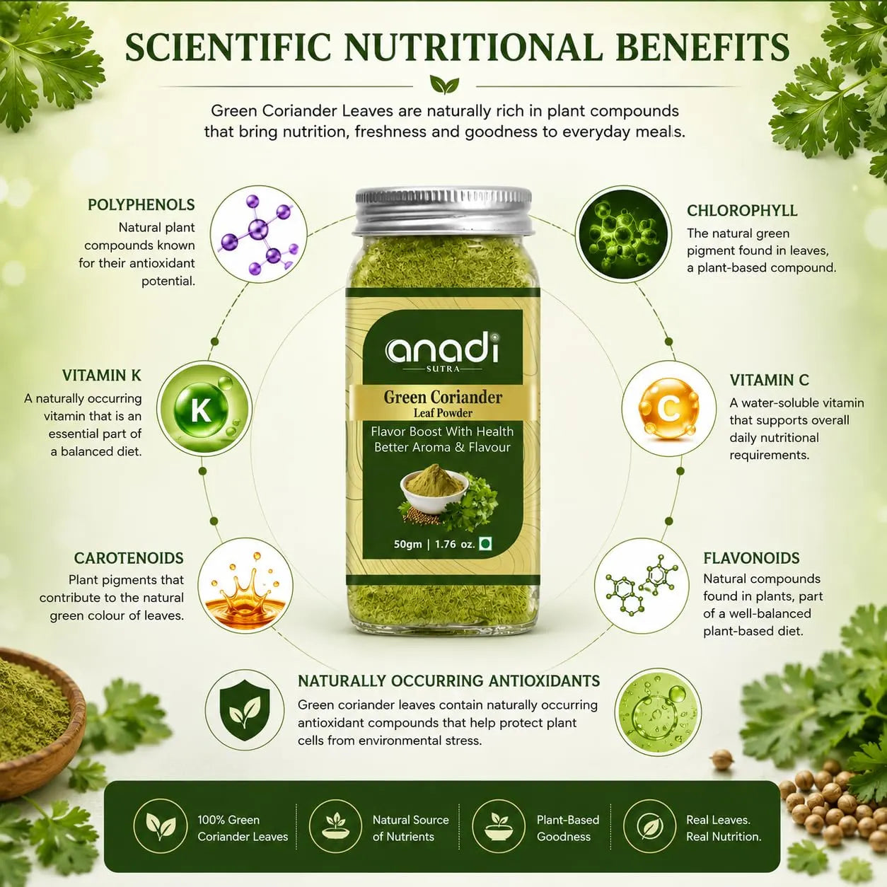 Green herb powder jar with a label, surrounded by illustrated nutritional benefit icons