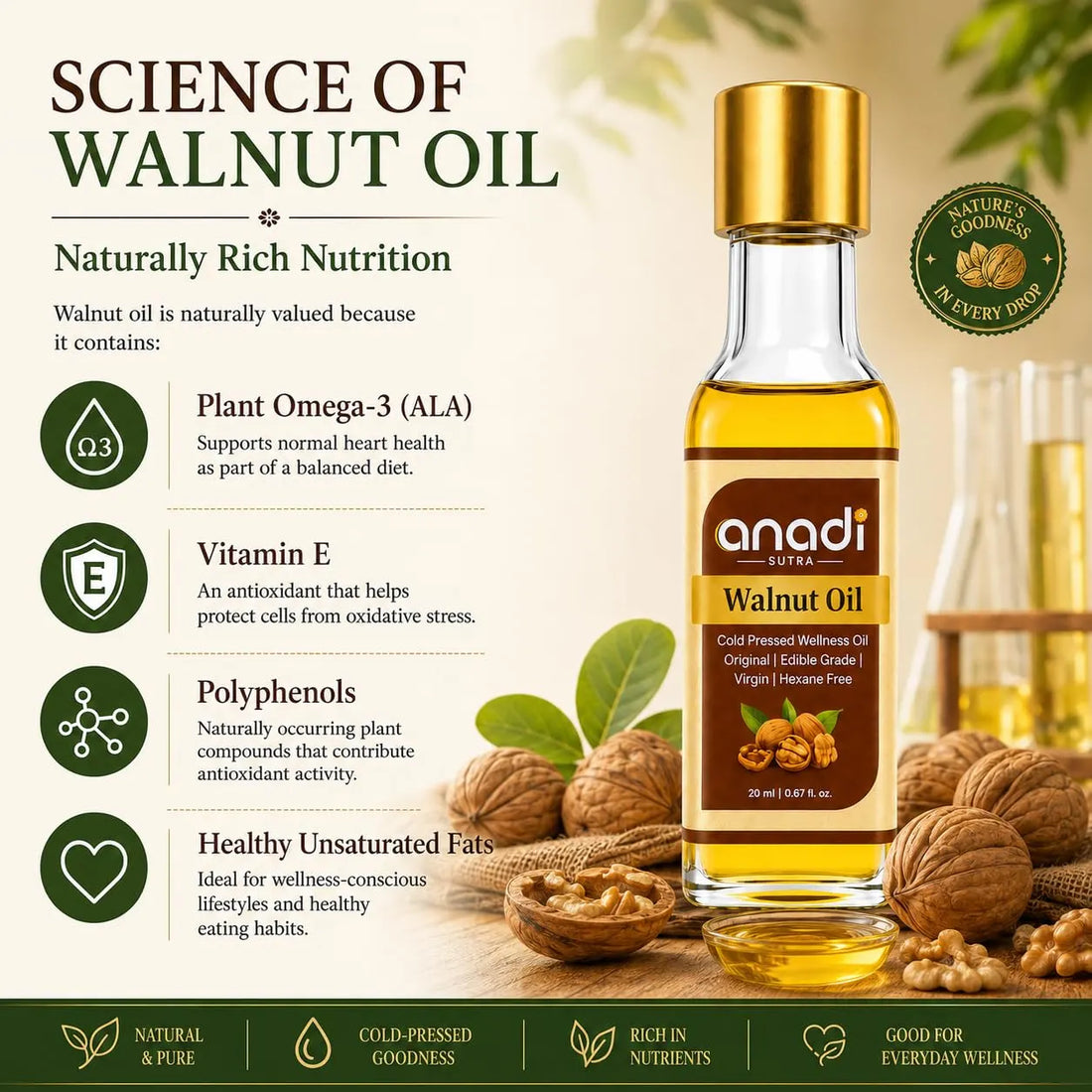 Gold-capped glass walnut oil bottle with amber oil and walnuts beside it