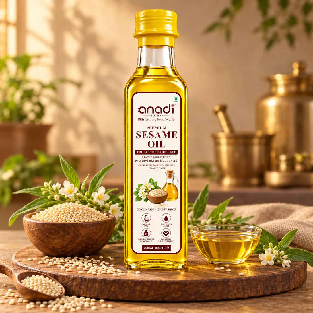 Anadi sesame oil bottle 250 ml with golden oil and small pour bowl