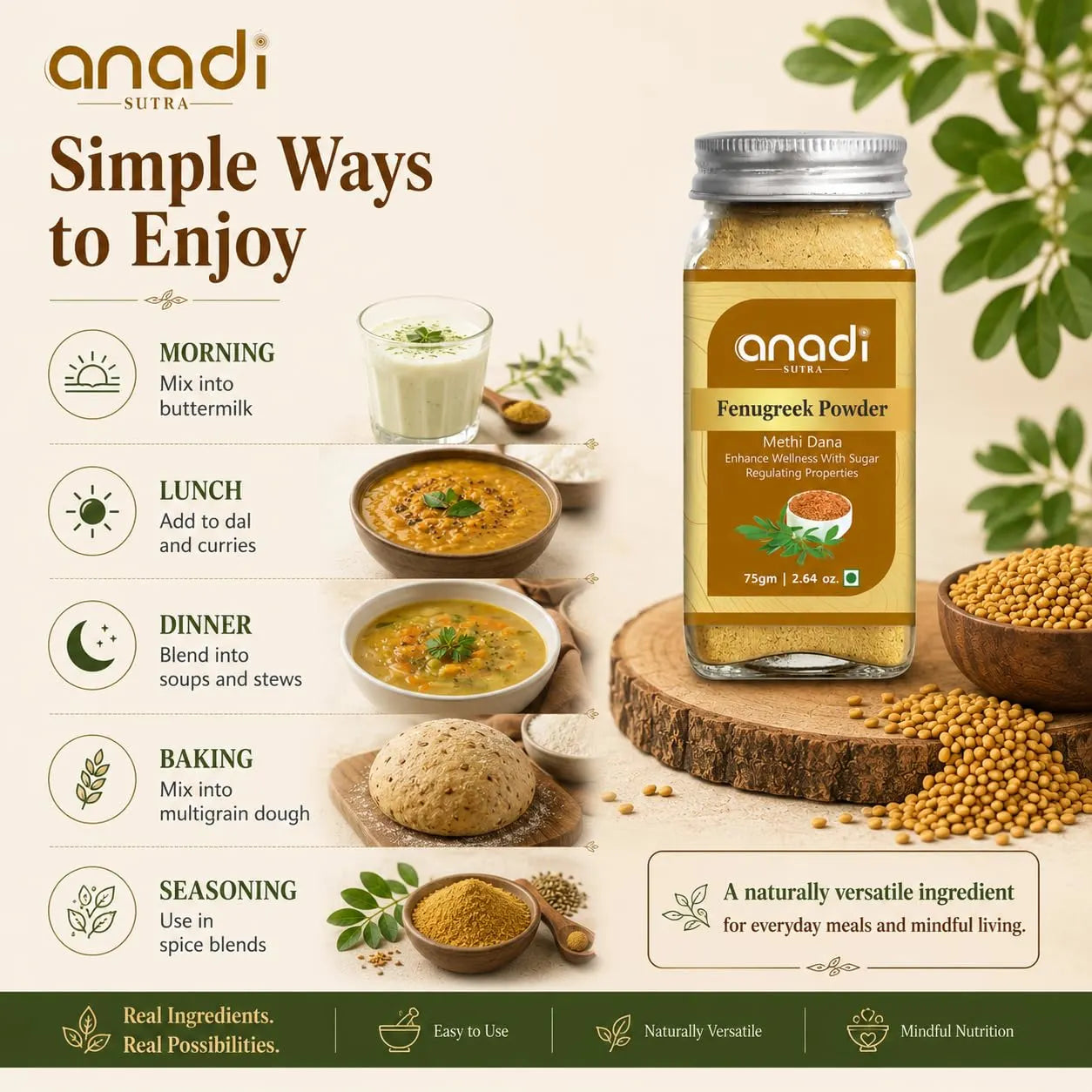 Fenugreek seeds powder jar with bowls of prepared meals and scattered fenugreek seeds