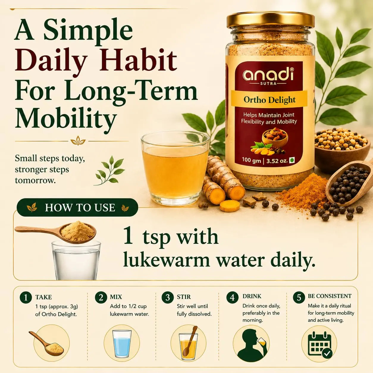 Ortho Delight supplement jar with gold lid and glass of drink and herbs.
