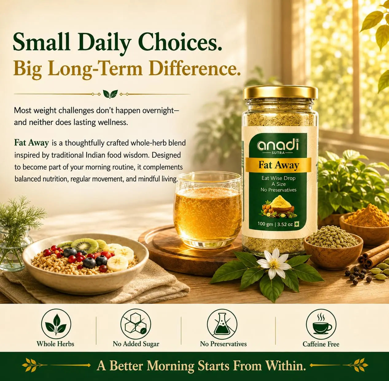 Fat Away glass jar with gold lid beside a glass mug and leafy herbs on table.